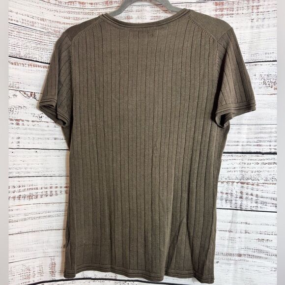 Emanuel ungaro Sweater Womens Sz 12 knit V Neck Cotton linen Top khaki Green New - Picture 2 of 15